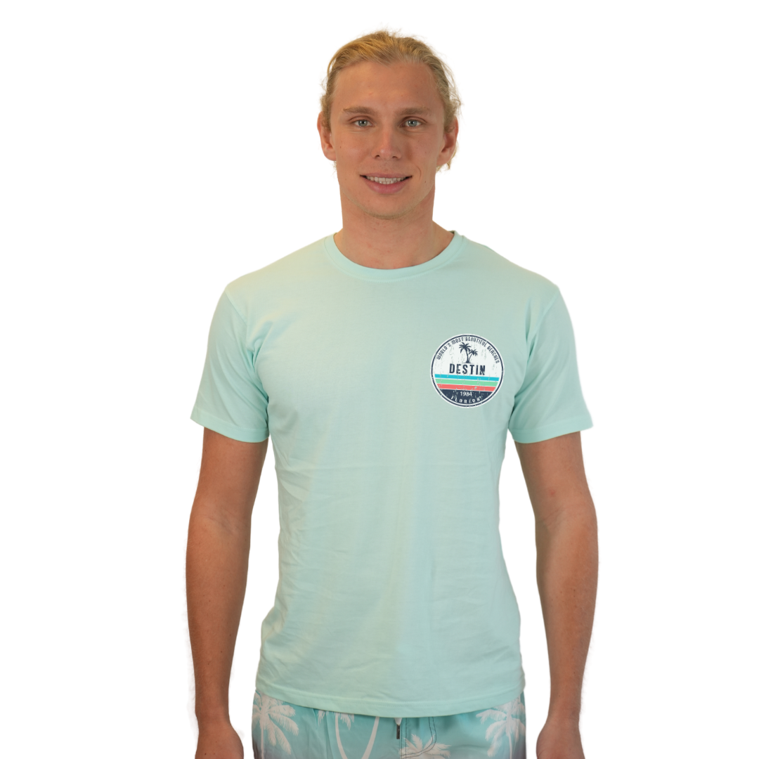 Destin Florida Combed Cotton Men T-Shirt with a Front Pocket Design and back big circle 2 Palm Trees 1915 Design Style CC1000