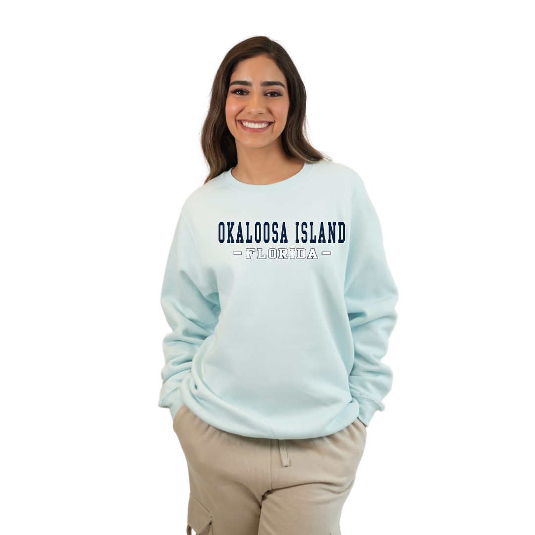 Okaloosa Island Fleece Crewneck Sweatshirt Women with Navy City Name Design Style 067 SWEATSHIRT alvinsisland.com Pool day S