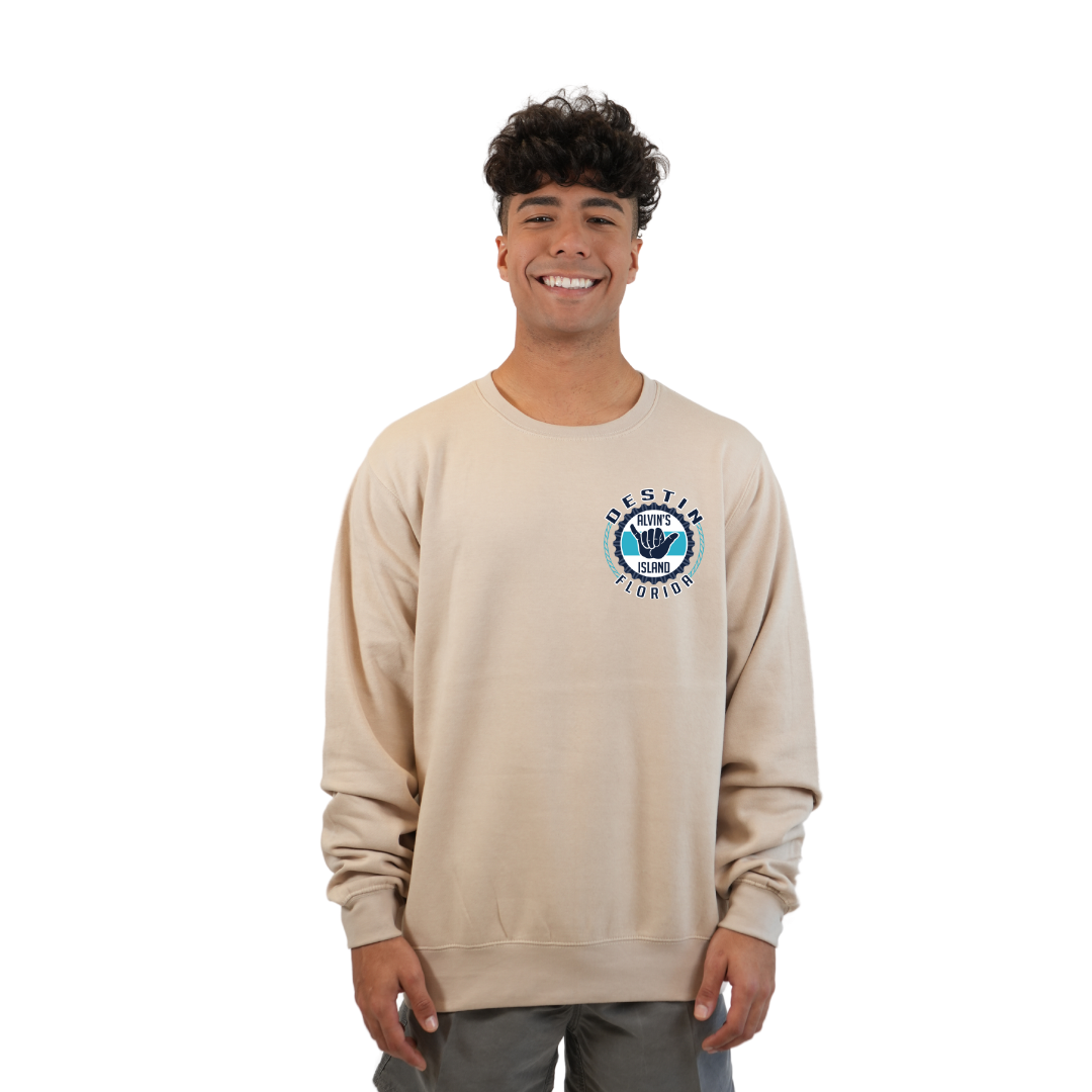 Destin Florida Fleece Crewneck Sweatshirt Men with Alvin's Island Hang Loose Front and Back Design Style 067
