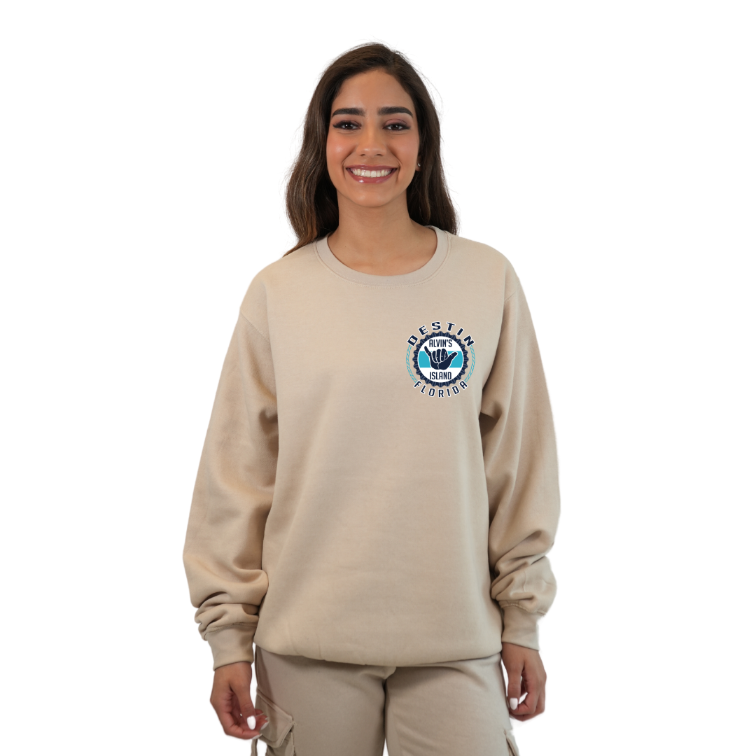Destin Florida Fleece Crewneck Sweatshirt Women with Alvin's Island Hang Loose Front and Back Design Style 067