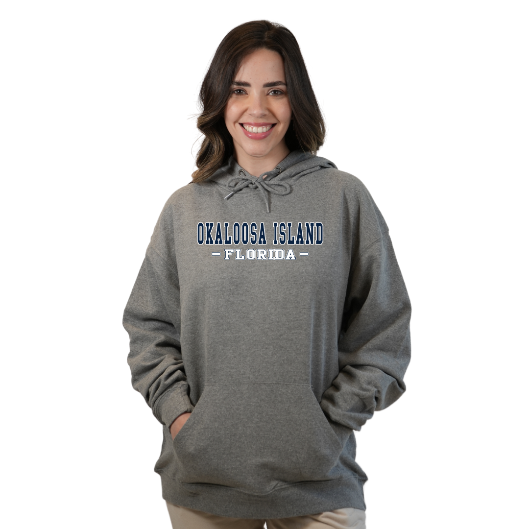 Okaloosa Island Hoodie Women with Navy City Name Front Design Style 252 HOODIES alvinsisland.com Hea. grey S