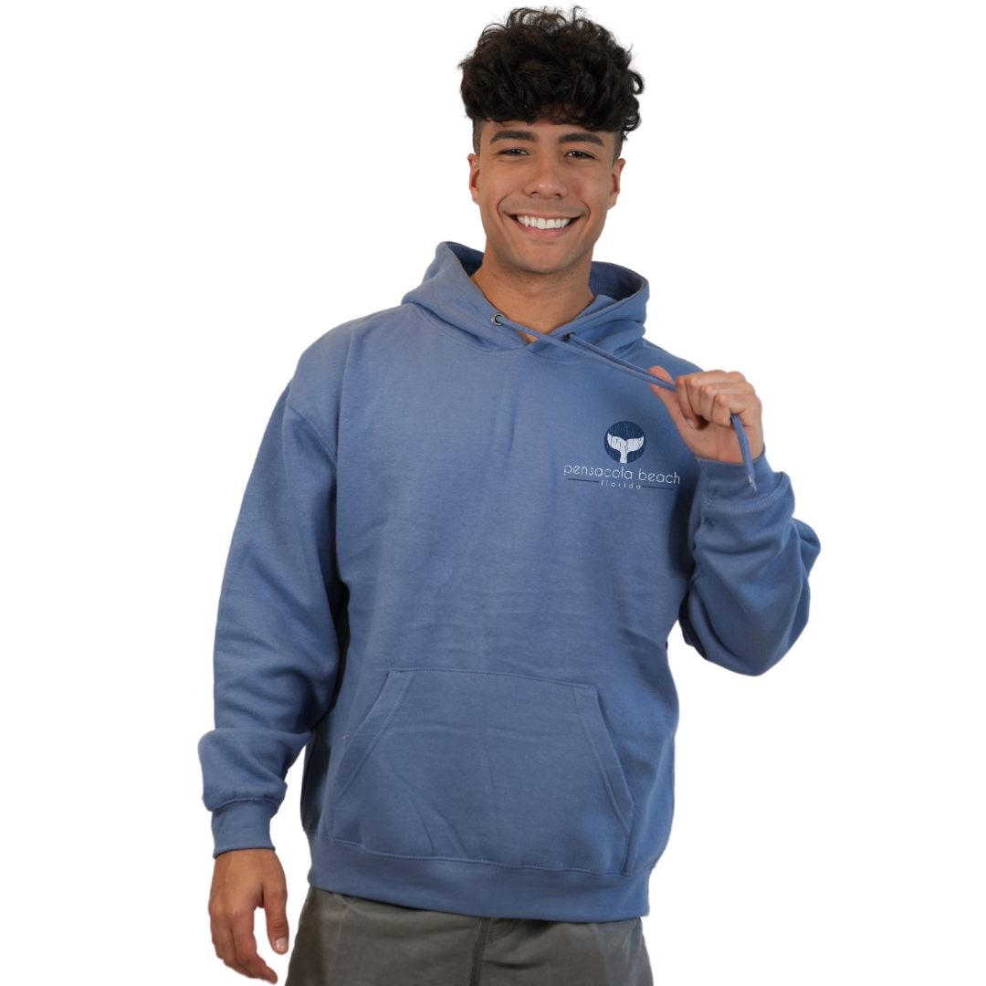 Pensacola Beach Pullover Hoodie Men with front Whale Tale pocket design and back big Whale Tale Design Style 252