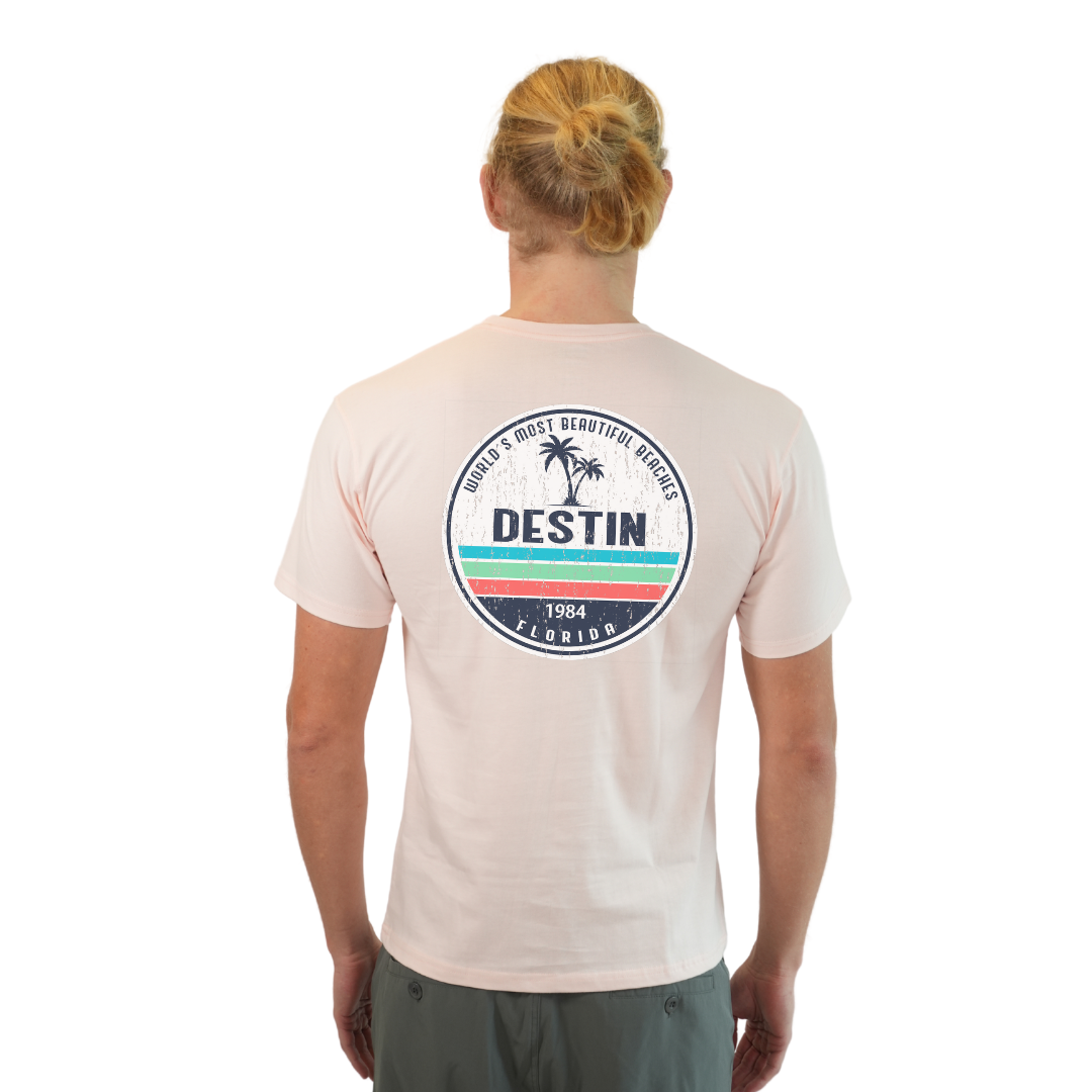 Destin Florida Combed Cotton Men T-Shirt with a Front Pocket Design and back big circle 2 Palm Trees 1915 Design Style CC1000