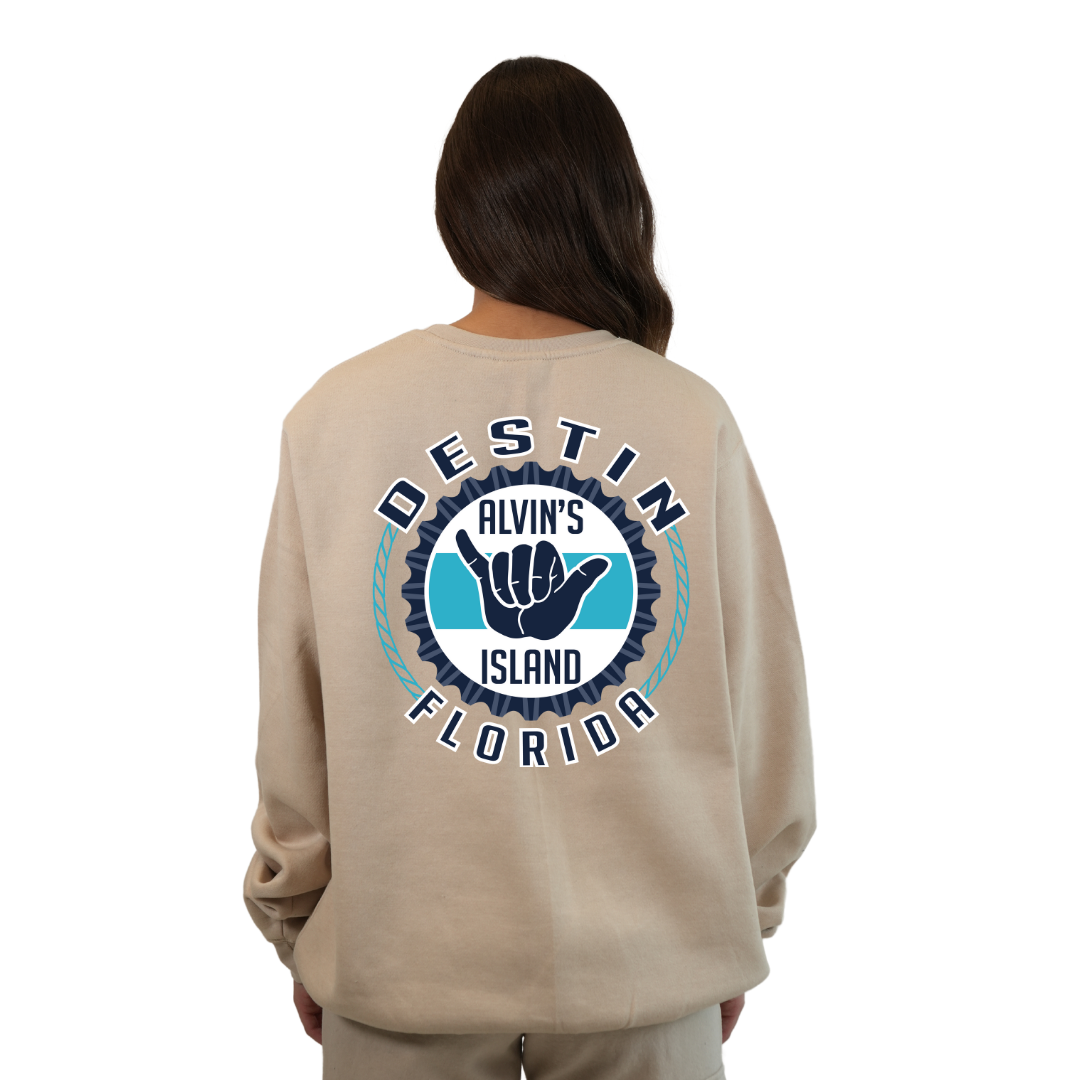 Destin Florida Fleece Crewneck Sweatshirt Women with Alvin's Island Hang Loose Front and Back Design Style 067