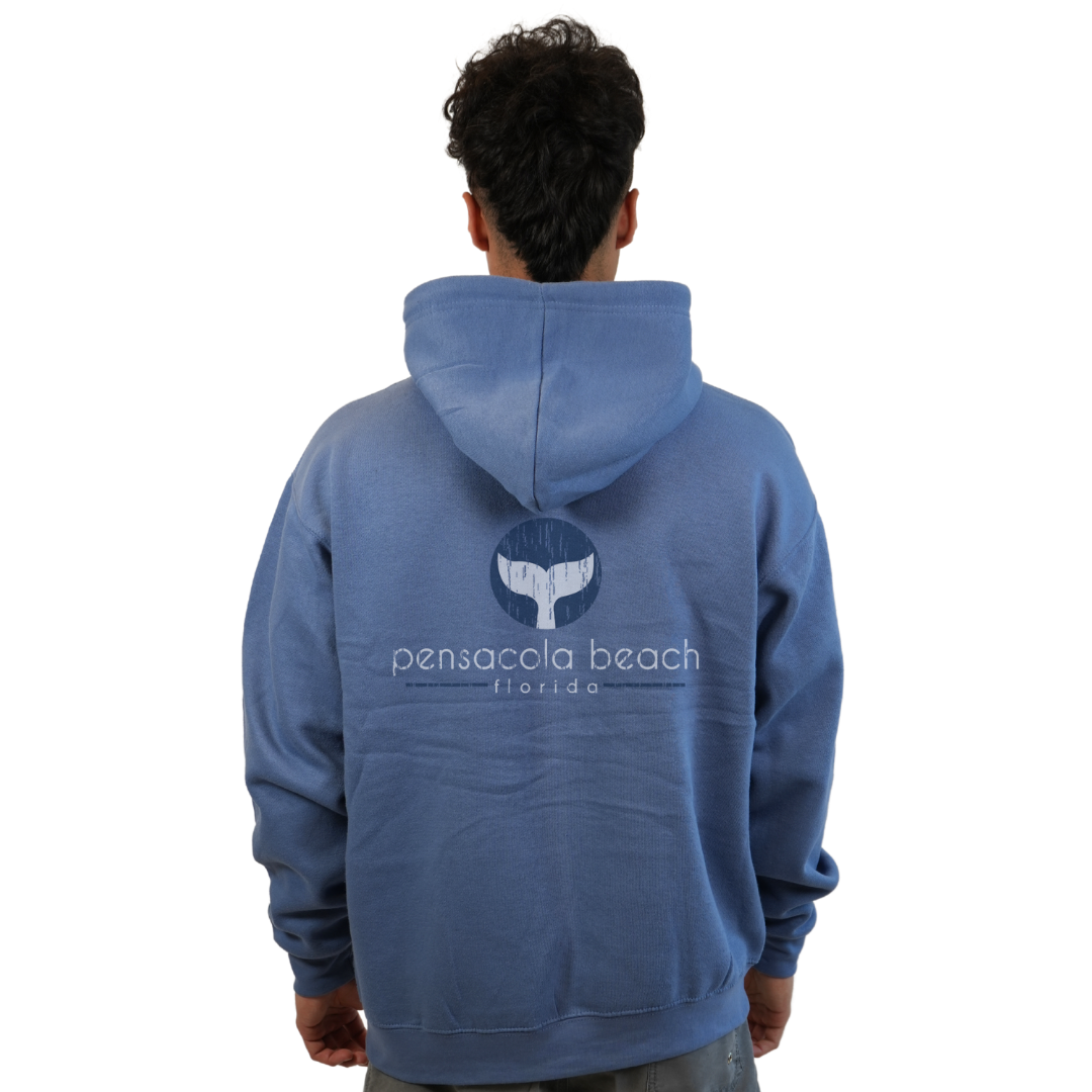 Pensacola Beach Pullover Hoodie Men with front Whale Tale pocket design and back big Whale Tale Design Style 252
