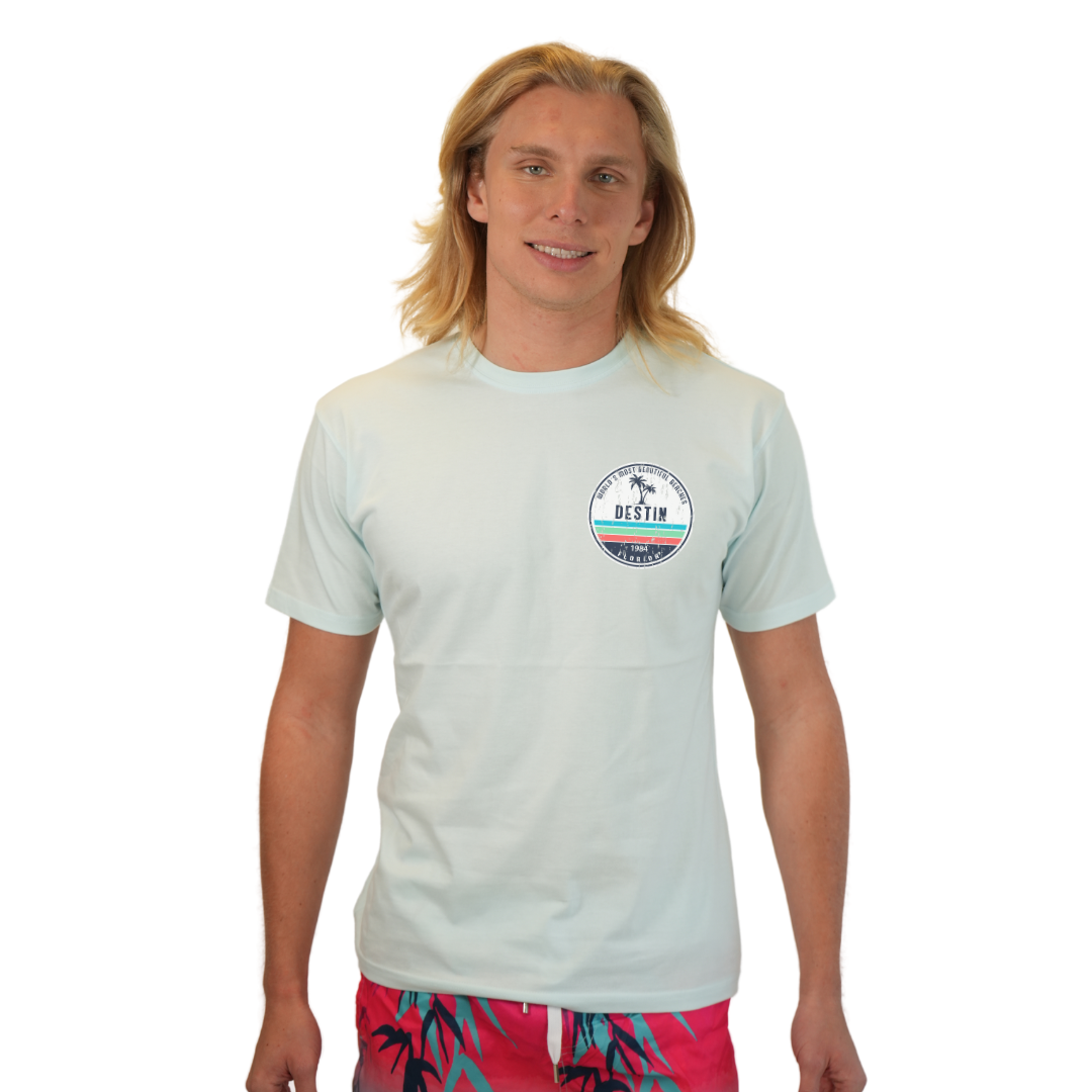 Destin Florida Combed Cotton Men T-Shirt with a Front Pocket Design and back big circle 2 Palm Trees 1915 Design Style CC1000