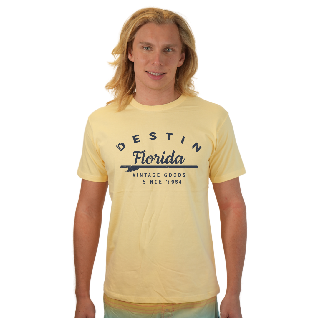 Destin Florida Combed Cotton Men T-Shirt with a Front Arrow Vintage Goods Since 1984 Design Style CC1000 T-SHIRT alvinsisland.com S SOFT YELLOW