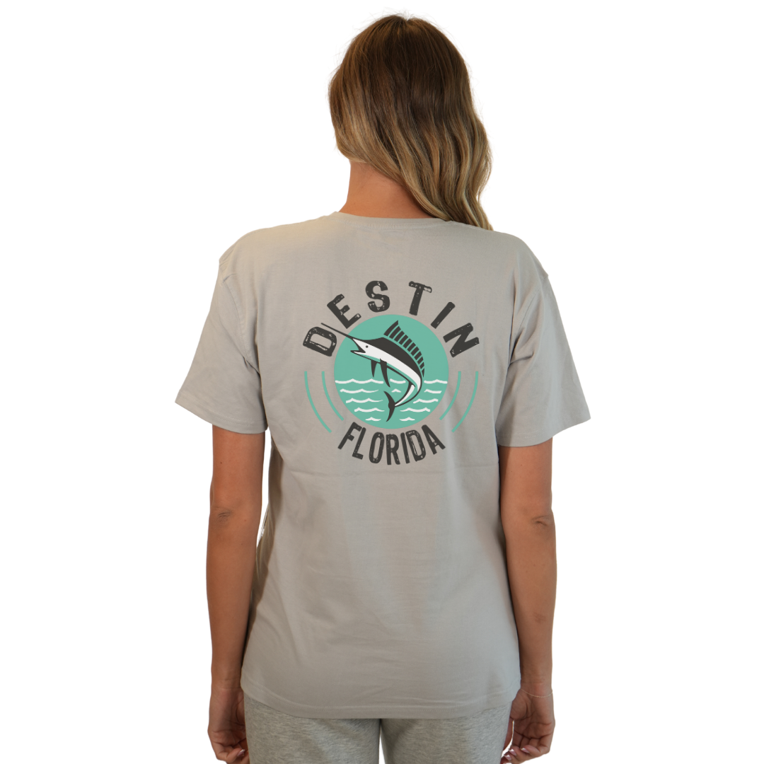 Destin Florida Combed Cotton Women T-Shirt with a Front Pocket Design and back big Marlin Design Style CC1000 T-SHIRT alvinsisland.com