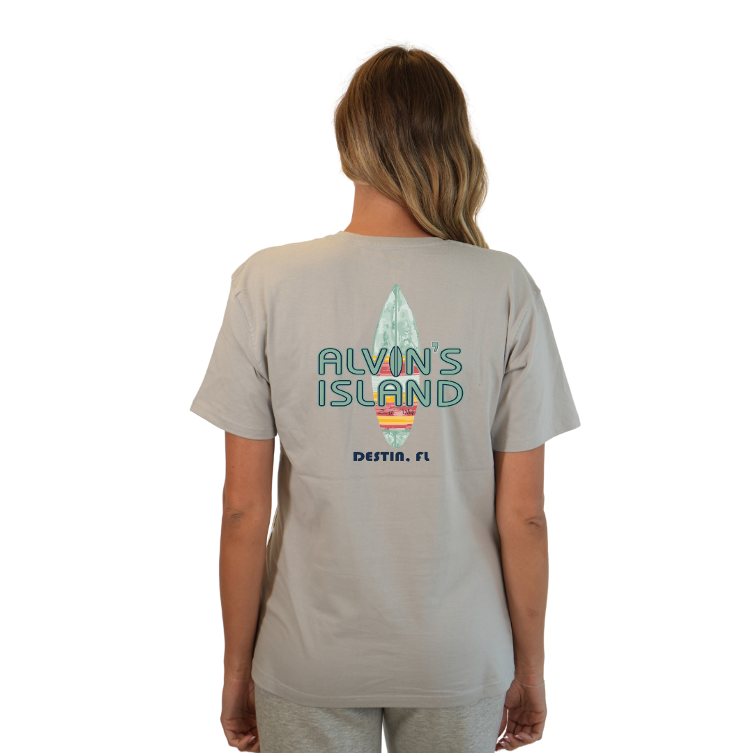 Destin Combed Cotton Women T-Shirt with a Alvin's island Surf Board Design Style CC1000