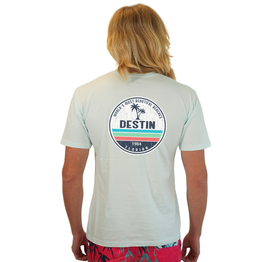 Destin Florida Combed Cotton Men T-Shirt with a Front Pocket Design and back big circle 2 Palm Trees 1915 Design Style CC1000