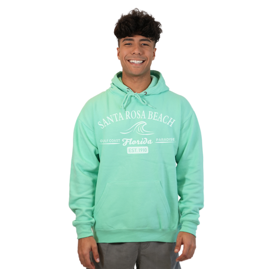 Santa Rosa Beach Pullover Hoodie Men with Big Front Florida Gulf Coast Paradise with Wave Icon Design Style 252 HOODIES alvinsisland.com SMALL SEAFOAM
