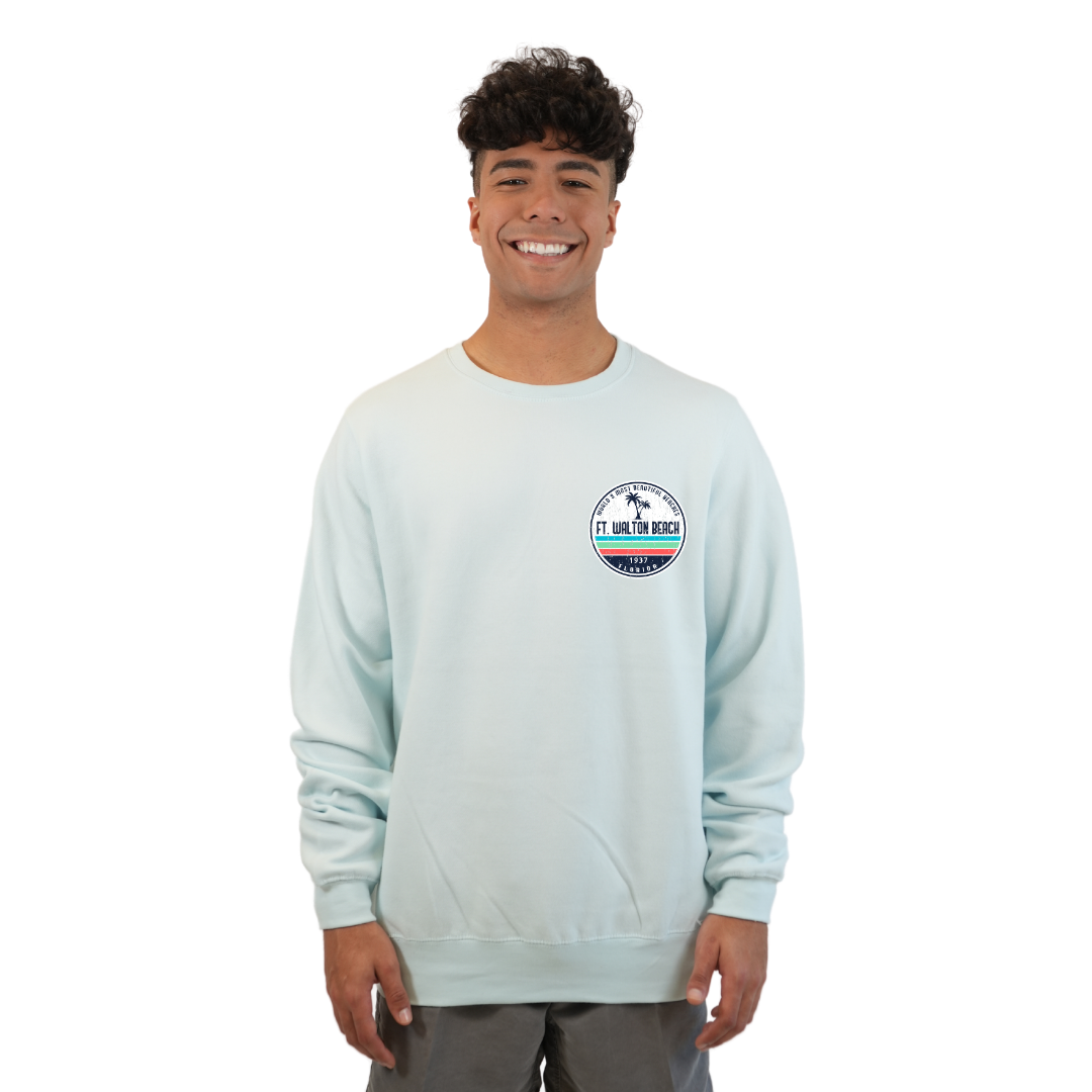 Ft. Walton Beach Fleece Crewneck Sweatshirt Men a Front Pocket and back big circle 2 Palm Trees 1915 Design Style 067