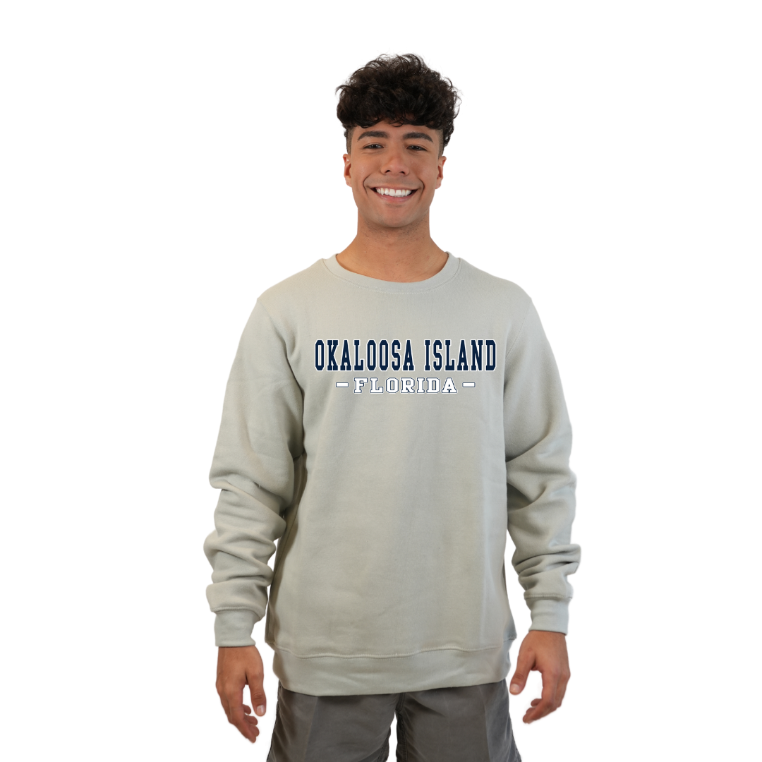 Okaloosa Island Fleece Crewneck Sweatshirt Men with Navy City Name Design Style 067