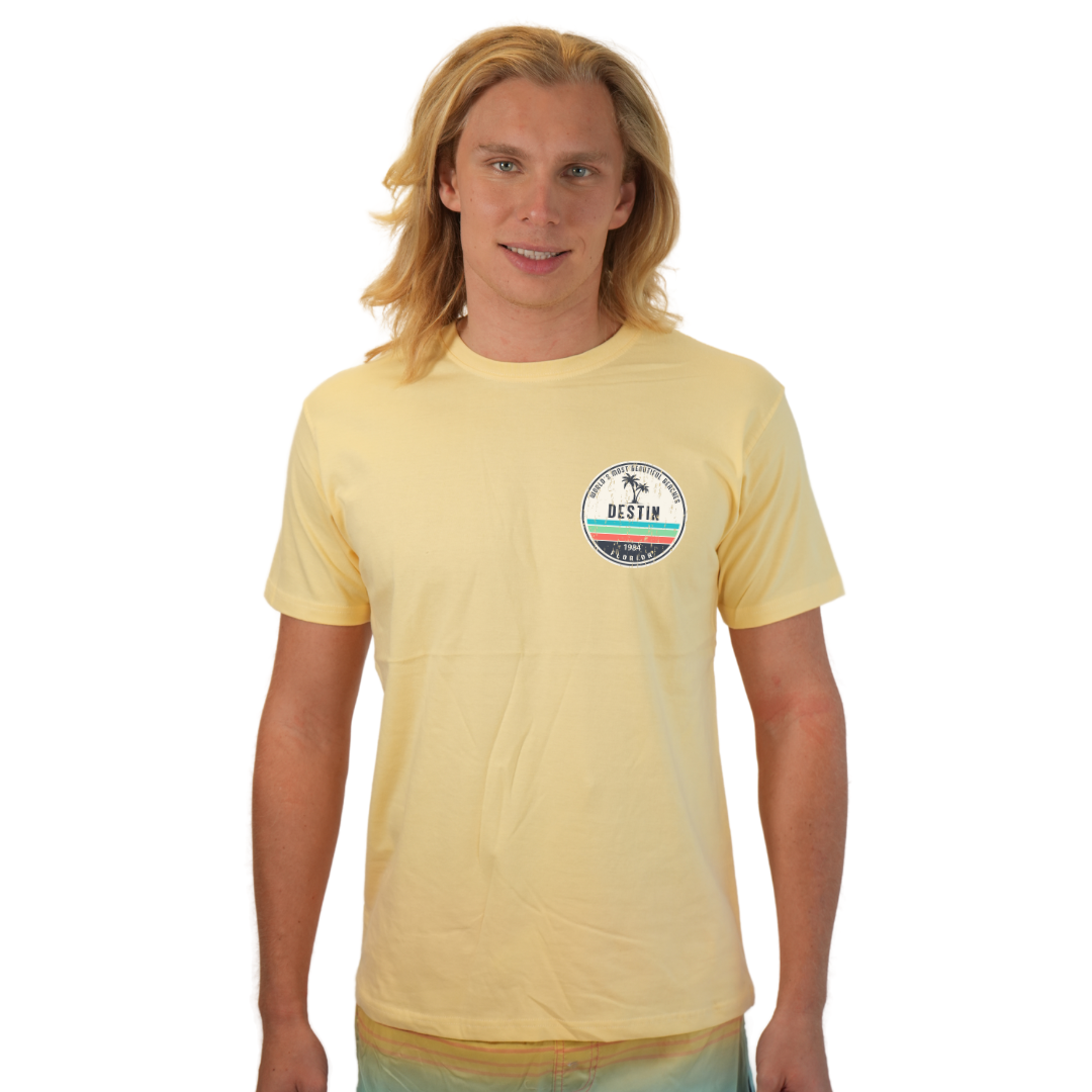 Destin Florida Combed Cotton Men T-Shirt with a Front Pocket Design and back big circle 2 Palm Trees 1915 Design Style CC1000