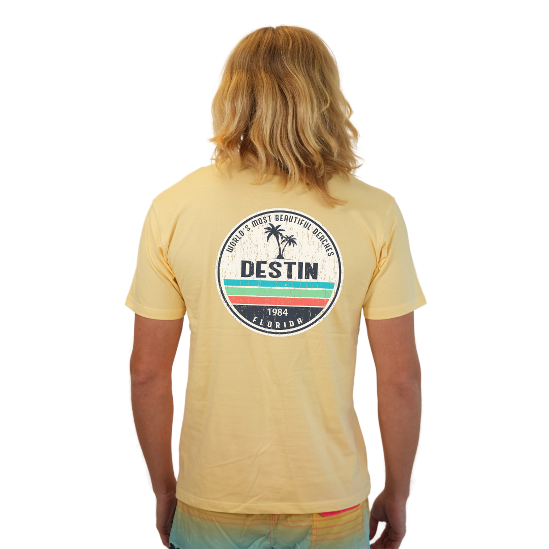 Destin Florida Combed Cotton Men T-Shirt with a Front Pocket Design and back big circle 2 Palm Trees 1915 Design Style CC1000