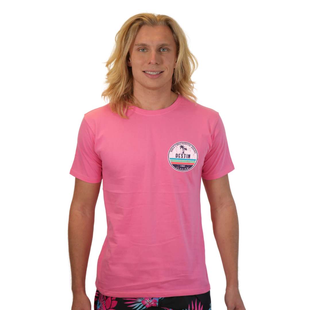 Destin Florida Combed Cotton Men T-Shirt with a Front Pocket Design and back big circle 2 Palm Trees 1915 Design Style CC1000