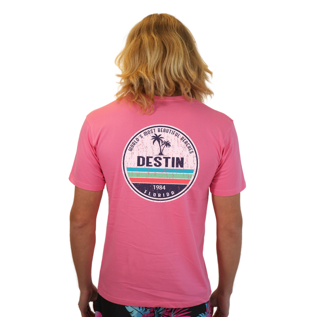 Destin Florida Combed Cotton Men T-Shirt with a Front Pocket Design and back big circle 2 Palm Trees 1915 Design Style CC1000