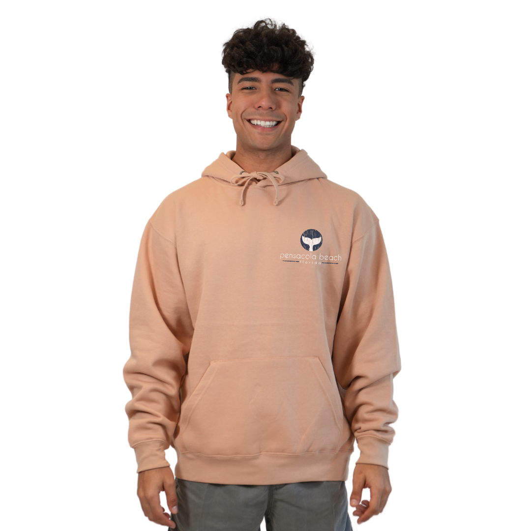 Pensacola Beach Pullover Hoodie Men with front Whale Tale pocket design and back big Whale Tale Design Style 252