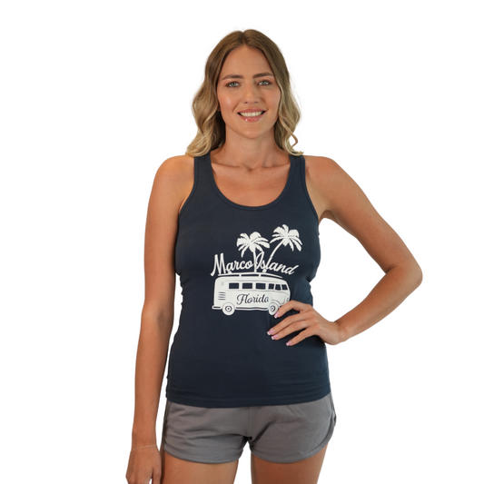 Marco Island Women Racerback Tank with Travel Bus and Palm Trees Design Color Navy Style 349