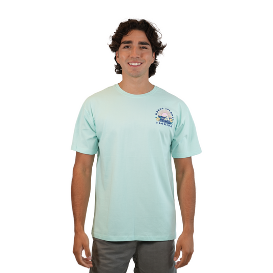 Marco Island Wave/ 2 Hibiscus Combed/Cotton Unisex SeaFoam T-Shirt Style Cc1000