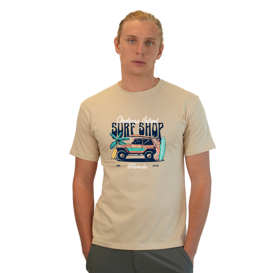 Okaloosa Island Combed Cotton T-Shirt Men with Surf Shop Front Design Style CC1000