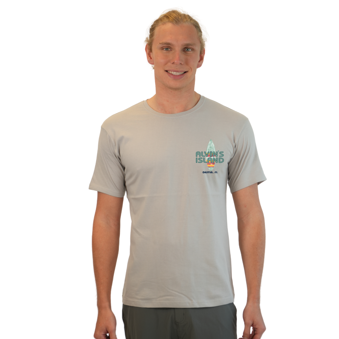 Destin Combed Cotton Men T-Shirt with a Alvin's island Surf Board Design Style CC1000 T-SHIRT alvinsisland.com Silver S