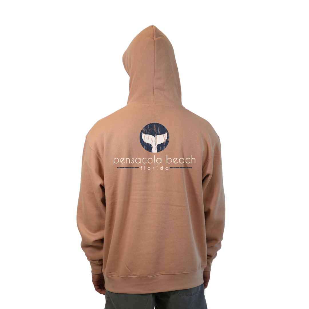 Pensacola Beach Pullover Hoodie Men with front Whale Tale pocket design and back big Whale Tale Design Style 252