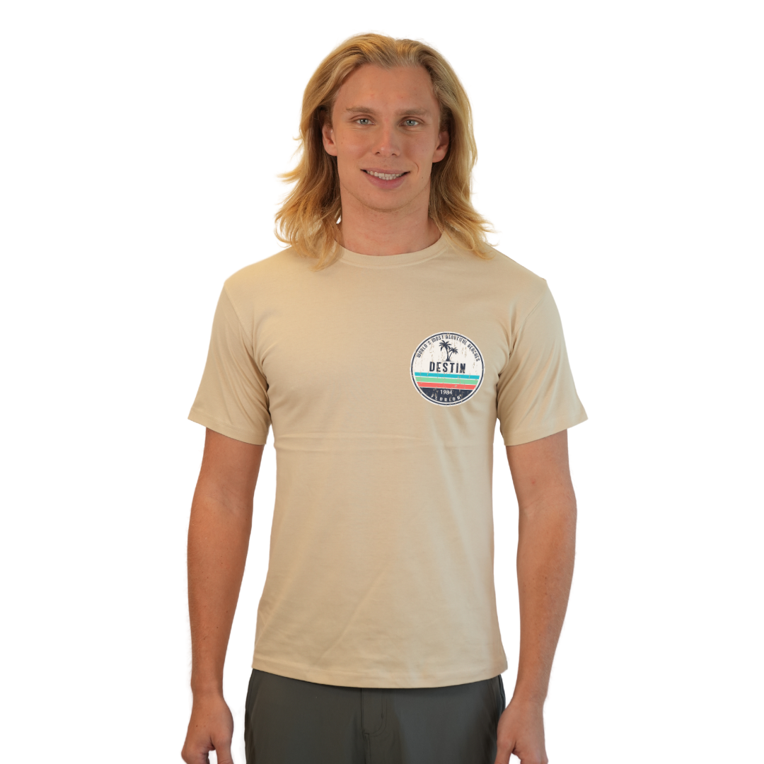 Destin Florida Combed Cotton Men T-Shirt with a Front Pocket Design and back big circle 2 Palm Trees 1915 Design Style CC1000