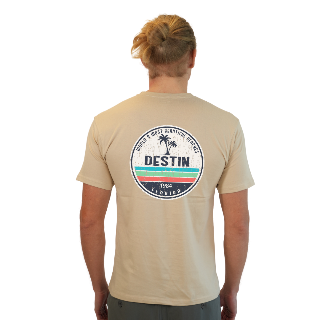Destin Florida Combed Cotton Men T-Shirt with a Front Pocket Design and back big circle 2 Palm Trees 1915 Design Style CC1000