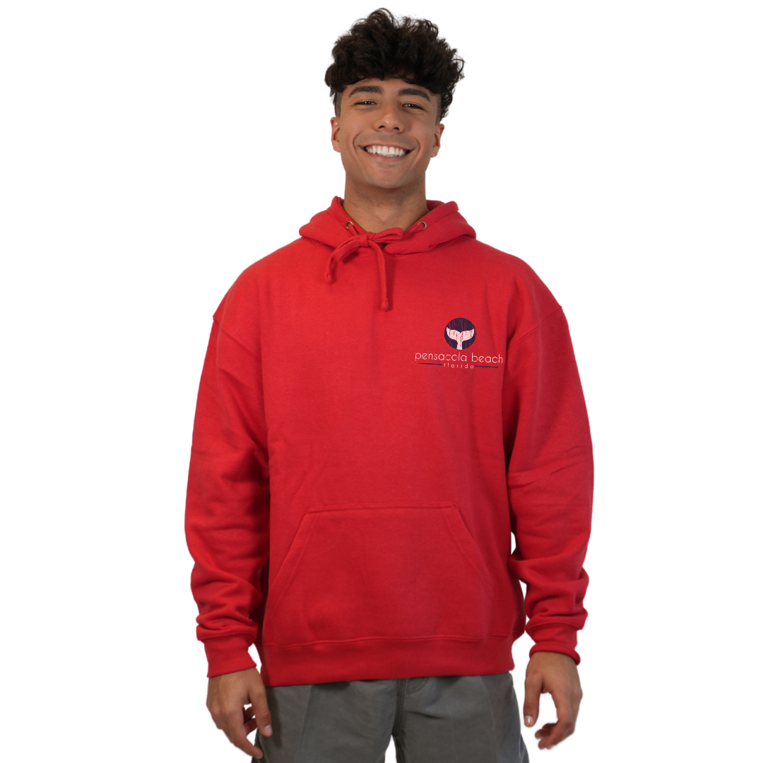 Pensacola Beach Pullover Hoodie Men with front Whale Tale pocket design and back big Whale Tale Design Style 252