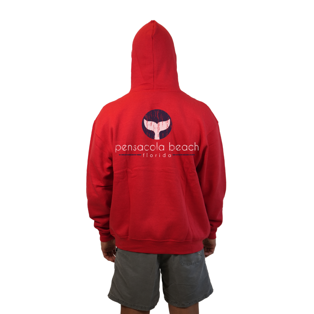 Pensacola Beach Pullover Hoodie Men with front Whale Tale pocket design and back big Whale Tale Design Style 252
