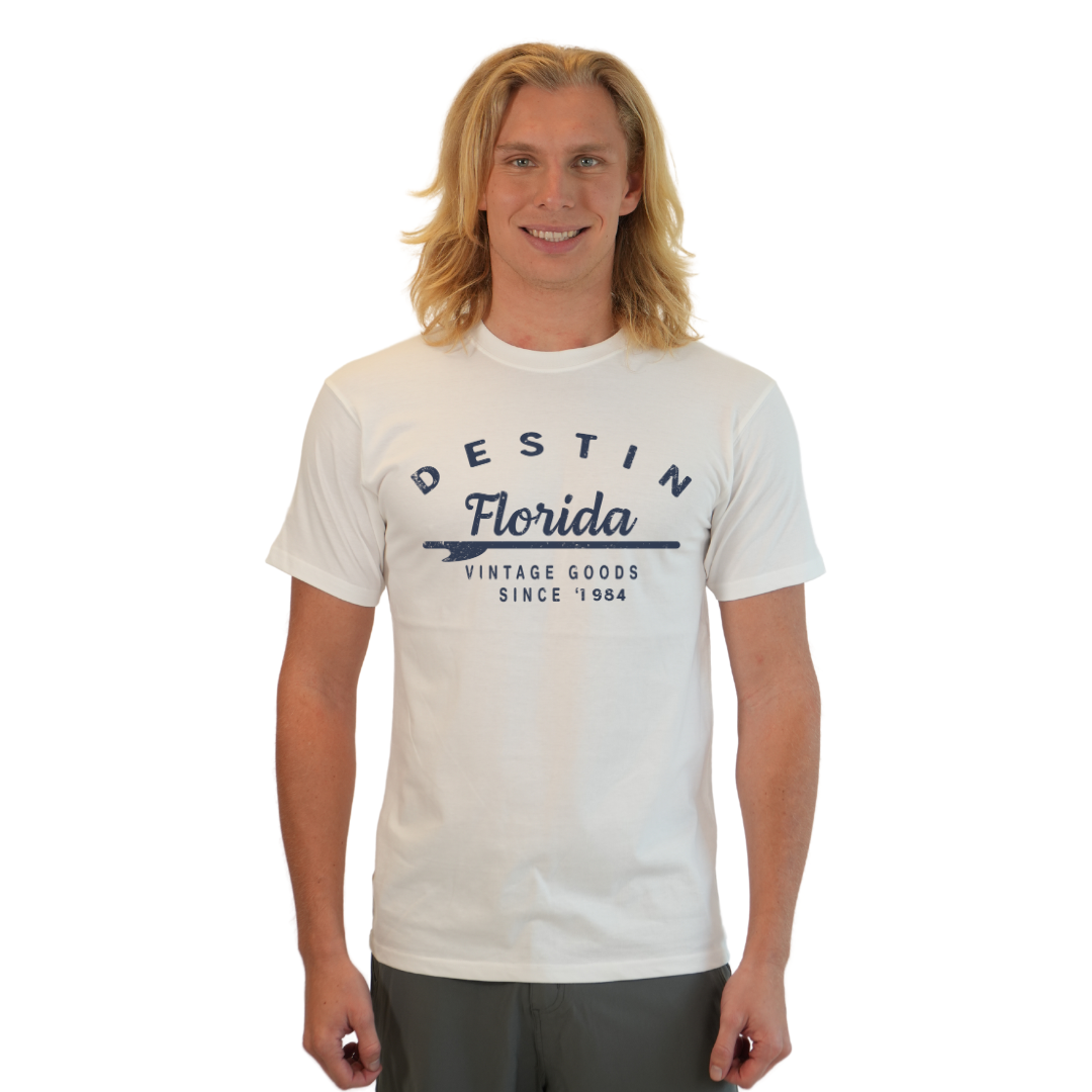 Destin Florida Combed Cotton Men T-Shirt with a Front Arrow Vintage Goods Since 1984 Design Style CC1000 T-SHIRT alvinsisland.com S WHITE