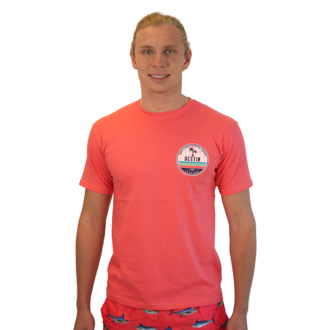 Destin Florida Combed Cotton Men T-Shirt with a Front Pocket Design and back big circle 2 Palm Trees 1915 Design Style CC1000