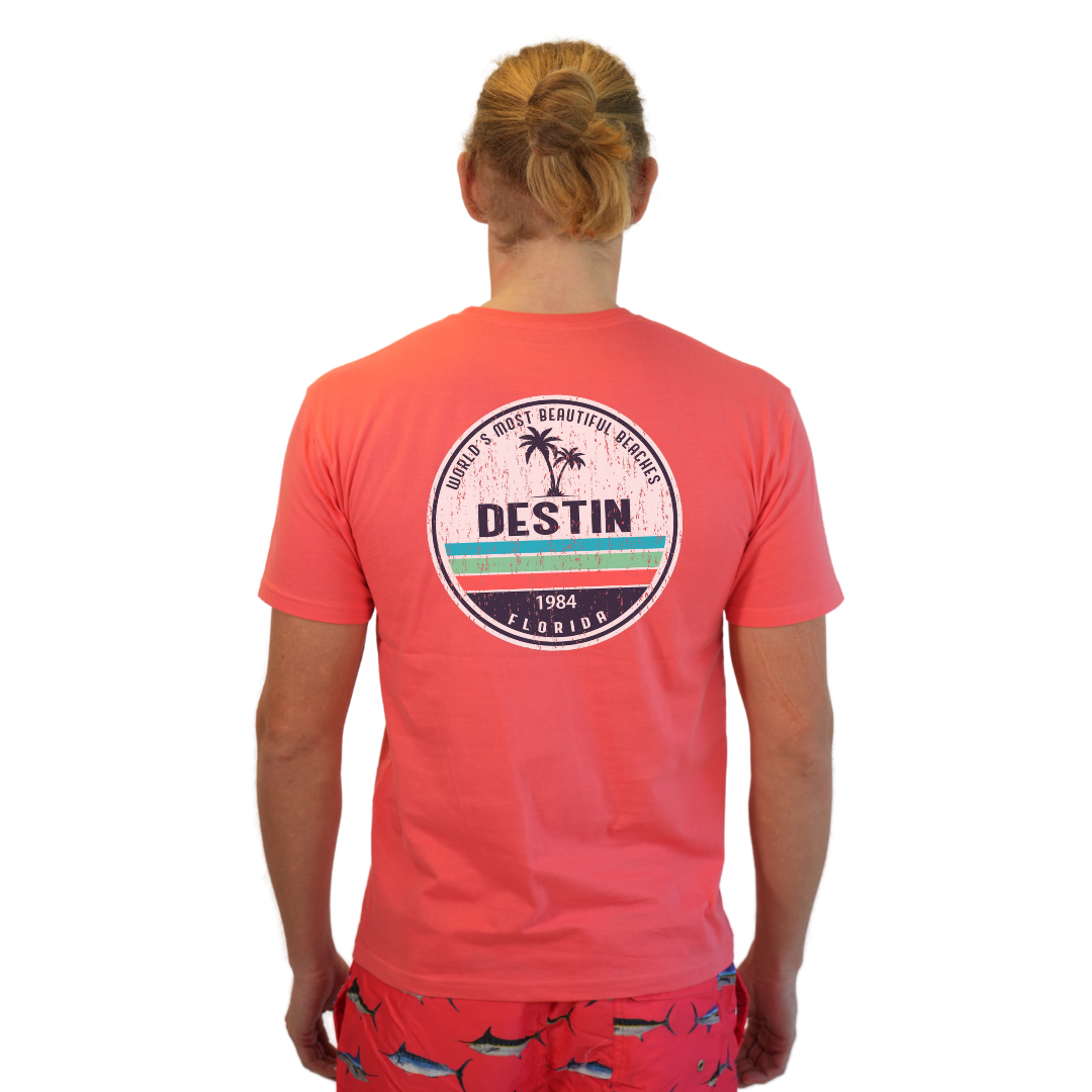 Destin Florida Combed Cotton Men T-Shirt with a Front Pocket Design and back big circle 2 Palm Trees 1915 Design Style CC1000