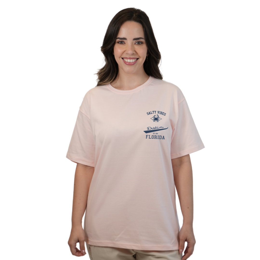 Destin Florida Combed Cotton Women T-Shirt with a Front Pocket Design and back "Salty Vibes Crab" Design Style CC1000