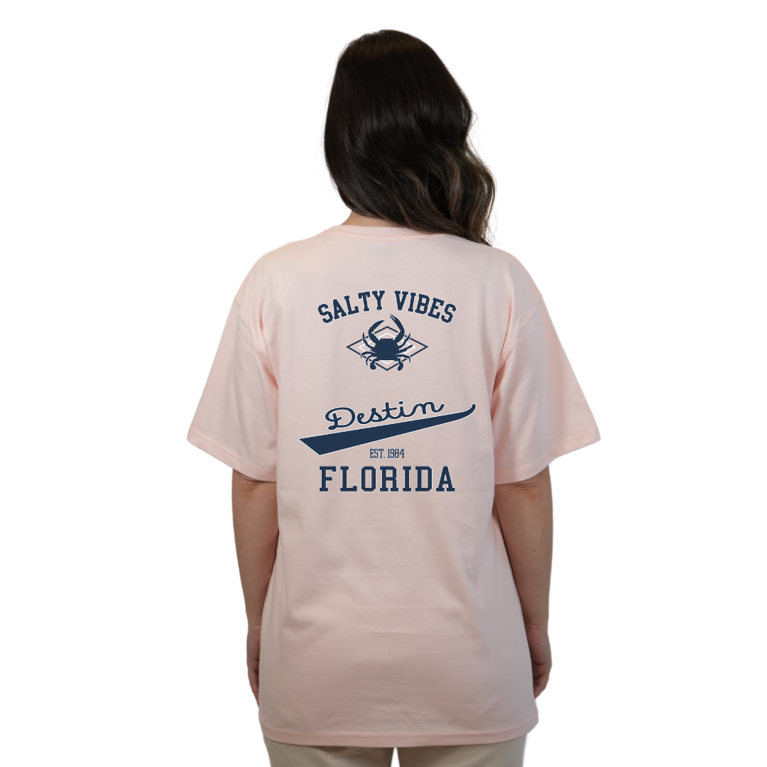 Destin Florida Combed Cotton Women T-Shirt with a Front Pocket Design and back "Salty Vibes Crab" Design Style CC1000