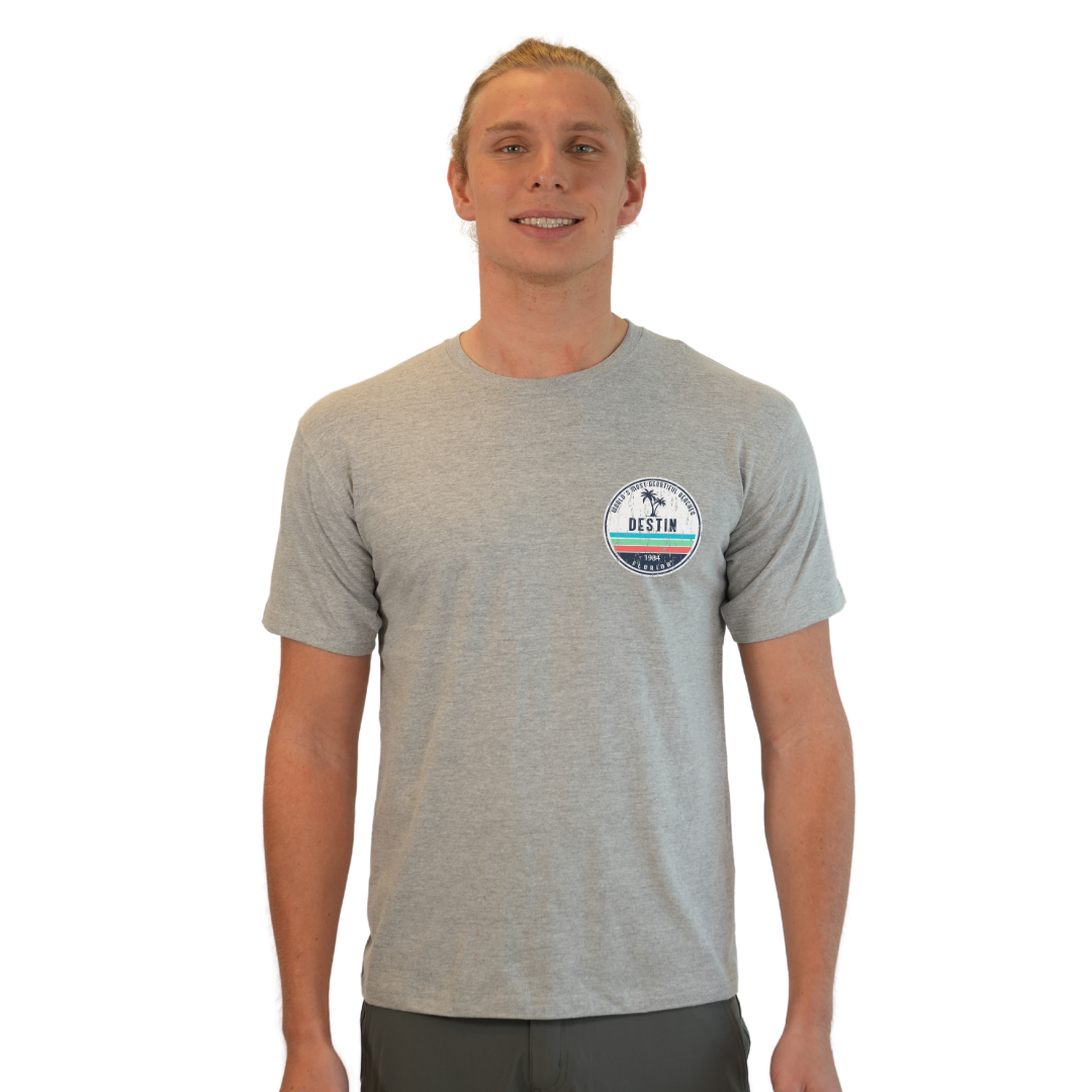 Destin Florida Combed Cotton Men T-Shirt with a Front Pocket Design and back big circle 2 Palm Trees 1915 Design Style CC1000