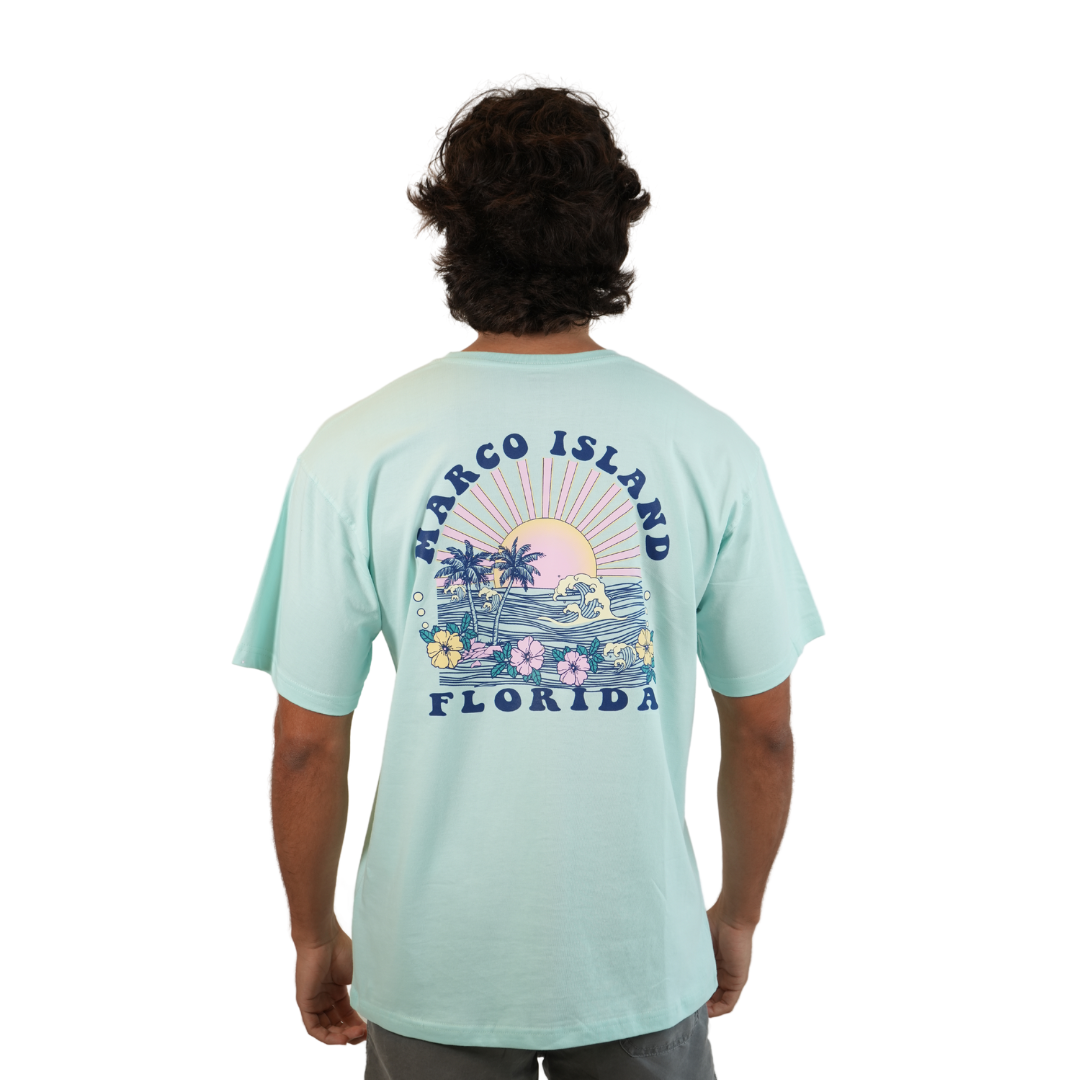 Marco Island Wave/ 2 Hibiscus Combed/Cotton Unisex SeaFoam T-Shirt Style Cc1000