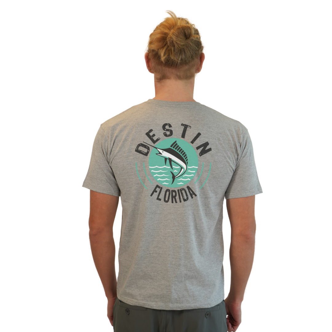 Destin Florida Combed Cotton Men T-Shirt with a Front Pocket Design and back big Marlin Design Style CC1000