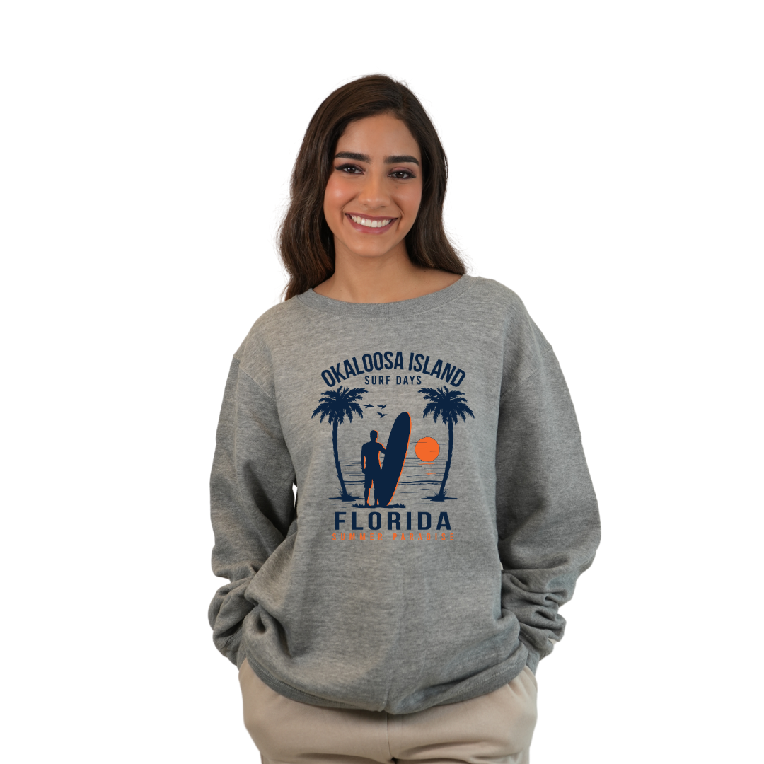 Okaloosa Island Fleece Crewneck Sweatshirt Women with Summer Paradaise Design Style 067 SWEATSHIRT alvinsisland.com Hea. grey S