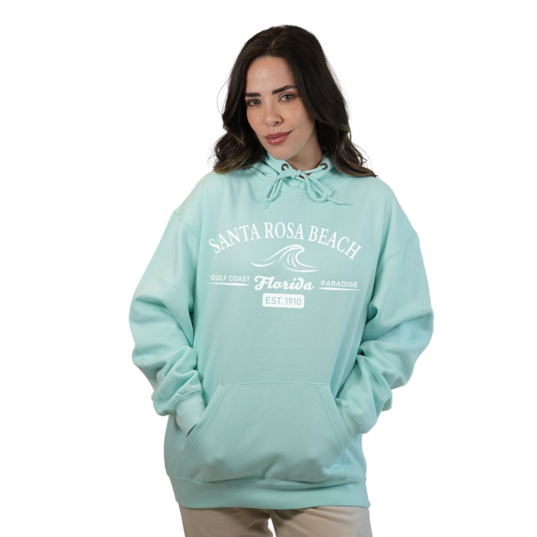 Santa Rosa Beach Pullover Hoodie Women with Big Front Florida Gulf Coast Paradise with Wave Icon Design Style 252