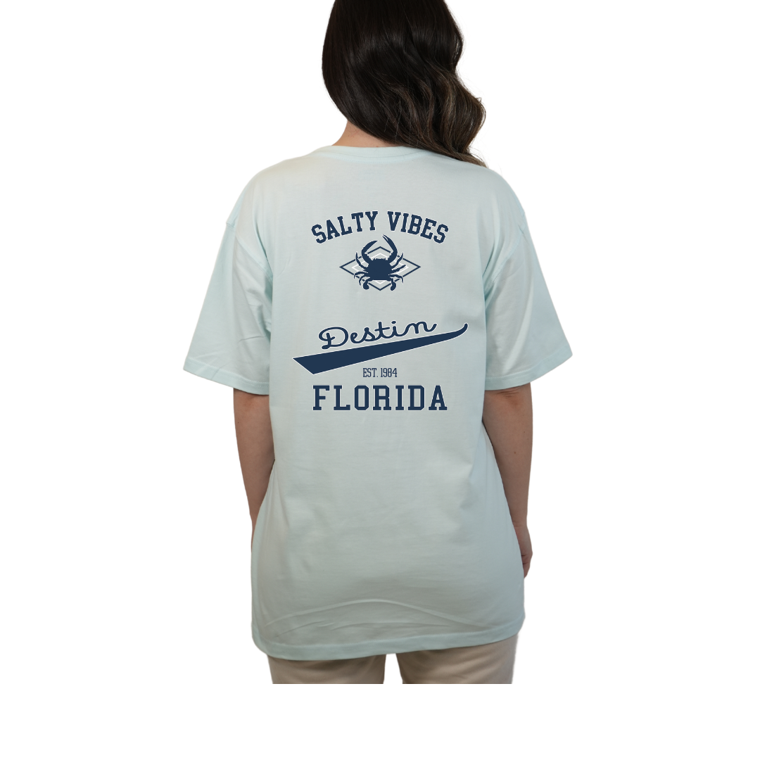Destin Florida Combed Cotton Women T-Shirt with a Front Pocket Design and back "Salty Vibes Crab" Design Style CC1000