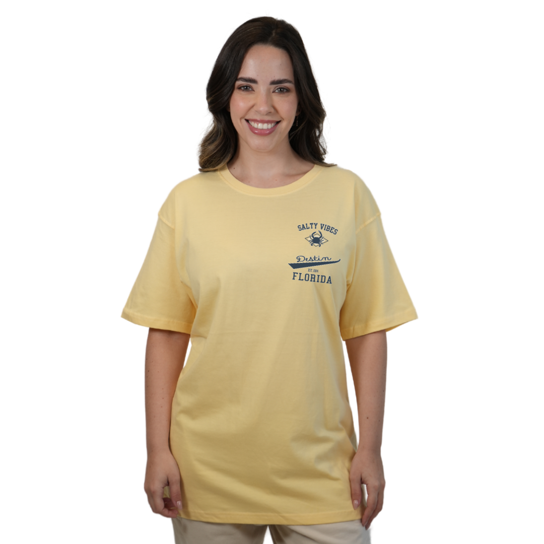 Destin Florida Combed Cotton Women T-Shirt with a Front Pocket Design and back "Salty Vibes Crab" Design Style CC1000