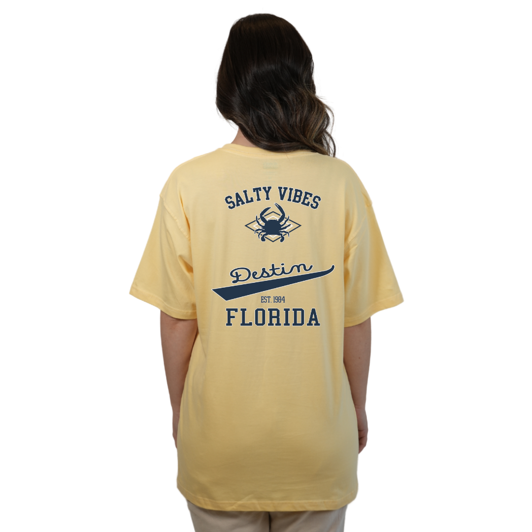 Destin Florida Combed Cotton Women T-Shirt with a Front Pocket Design and back "Salty Vibes Crab" Design Style CC1000