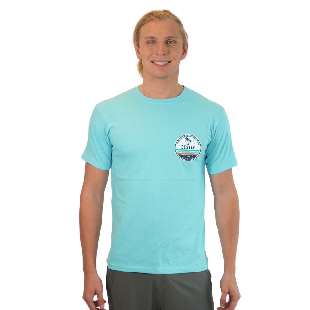 Destin Florida Combed Cotton Men T-Shirt with a Front Pocket Design and back big circle 2 Palm Trees 1915 Design Style CC1000