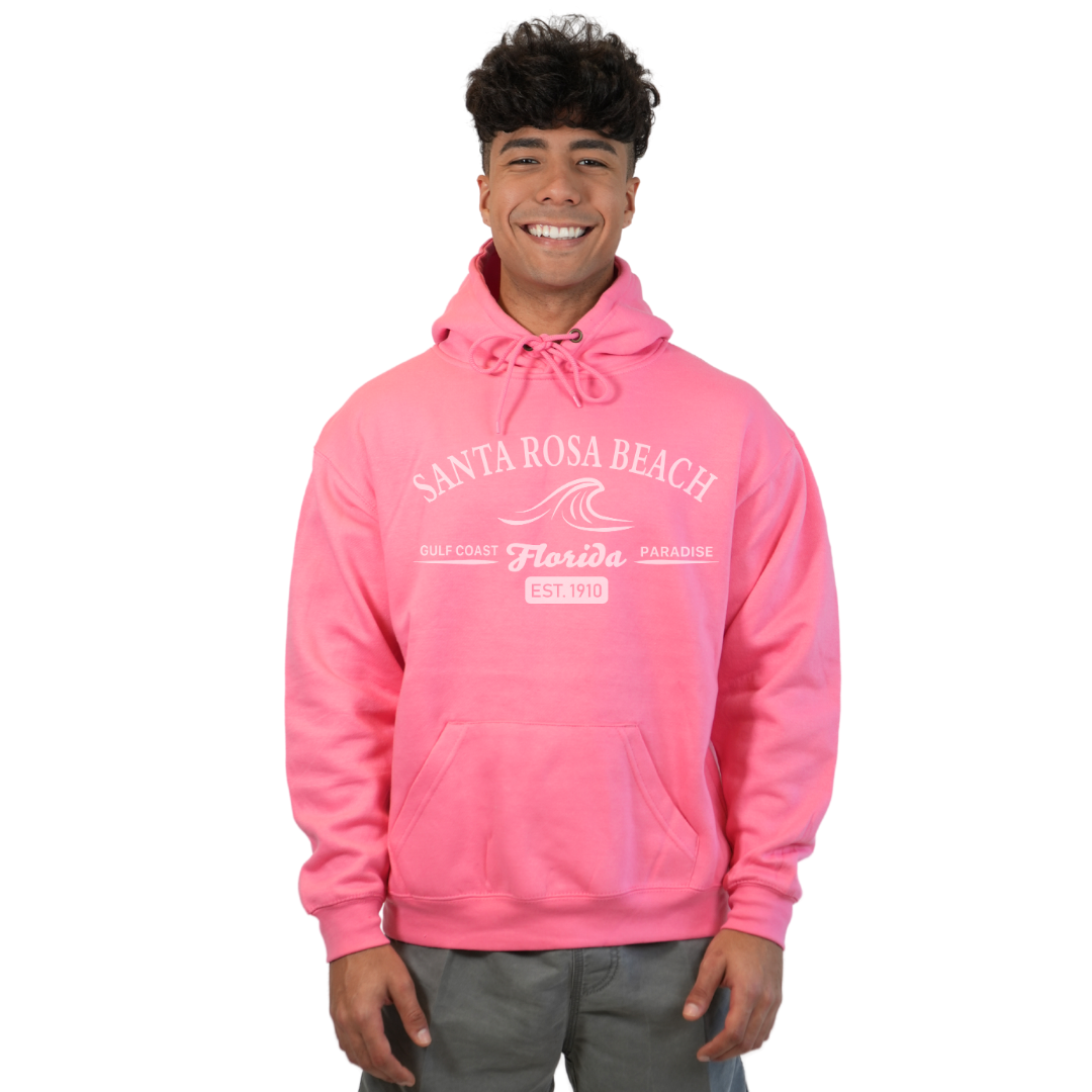 Santa Rosa Beach Pullover Hoodie Men with Big Front Florida Gulf Coast Paradise with Wave Icon Design Style 252
