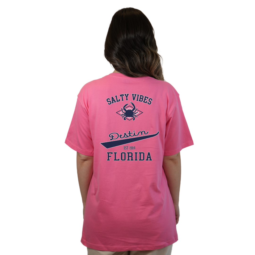 Destin Florida Combed Cotton Women T-Shirt with a Front Pocket Design and back "Salty Vibes Crab" Design Style CC1000