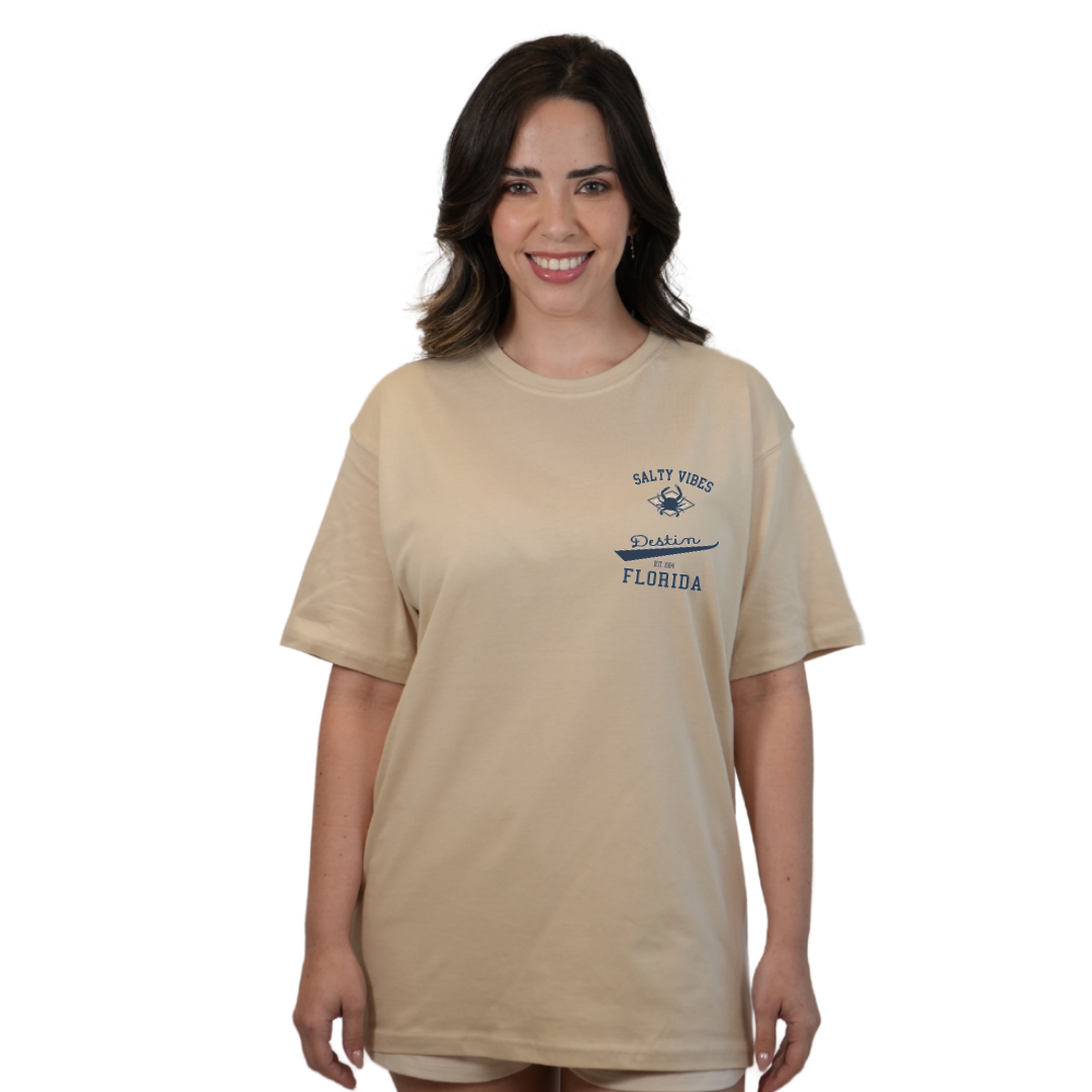 Destin Florida Combed Cotton Women T-Shirt with a Front Pocket Design and back "Salty Vibes Crab" Design Style CC1000
