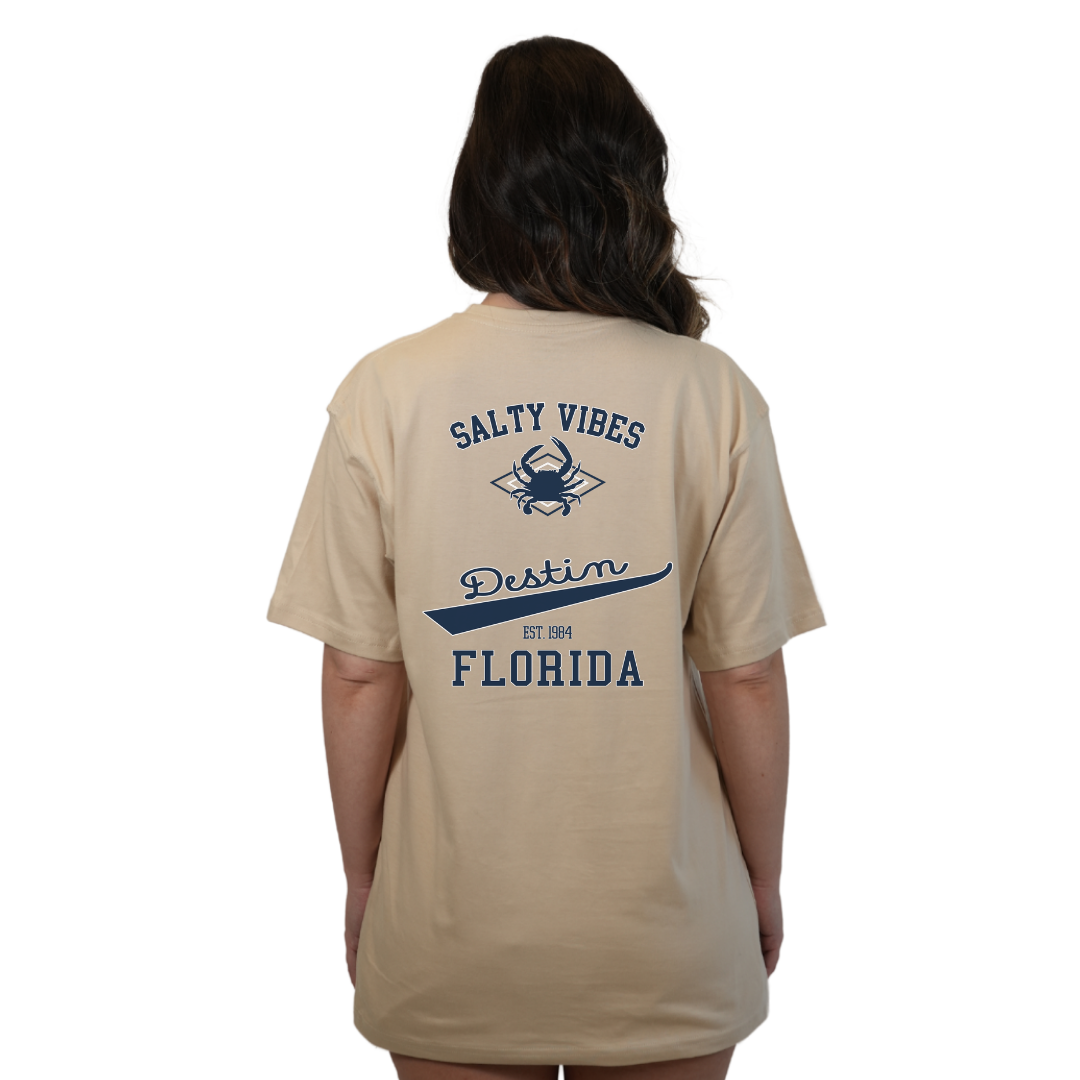 Destin Florida Combed Cotton Women T-Shirt with a Front Pocket Design and back "Salty Vibes Crab" Design Style CC1000