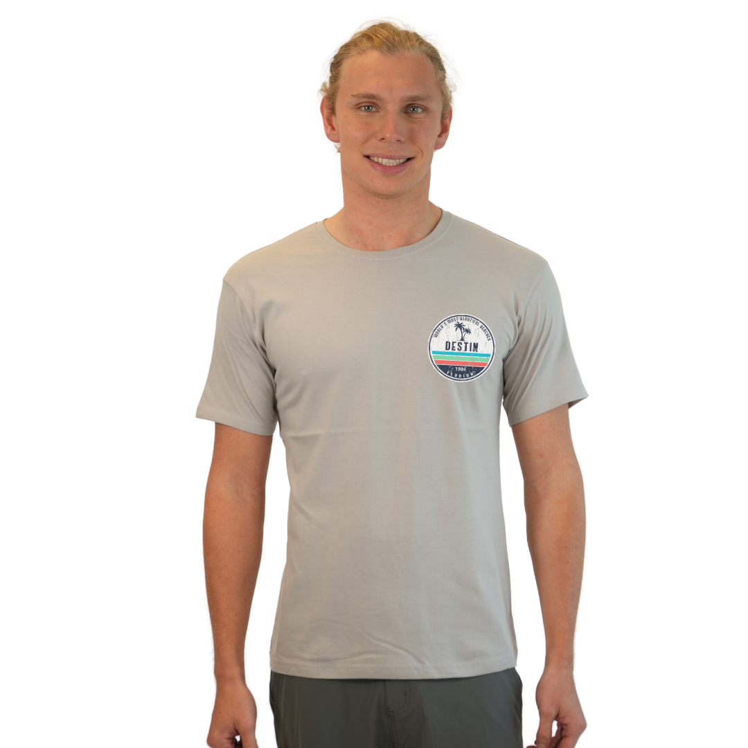Destin Florida Combed Cotton Men T-Shirt with a Front Pocket Design and back big circle 2 Palm Trees 1915 Design Style CC1000